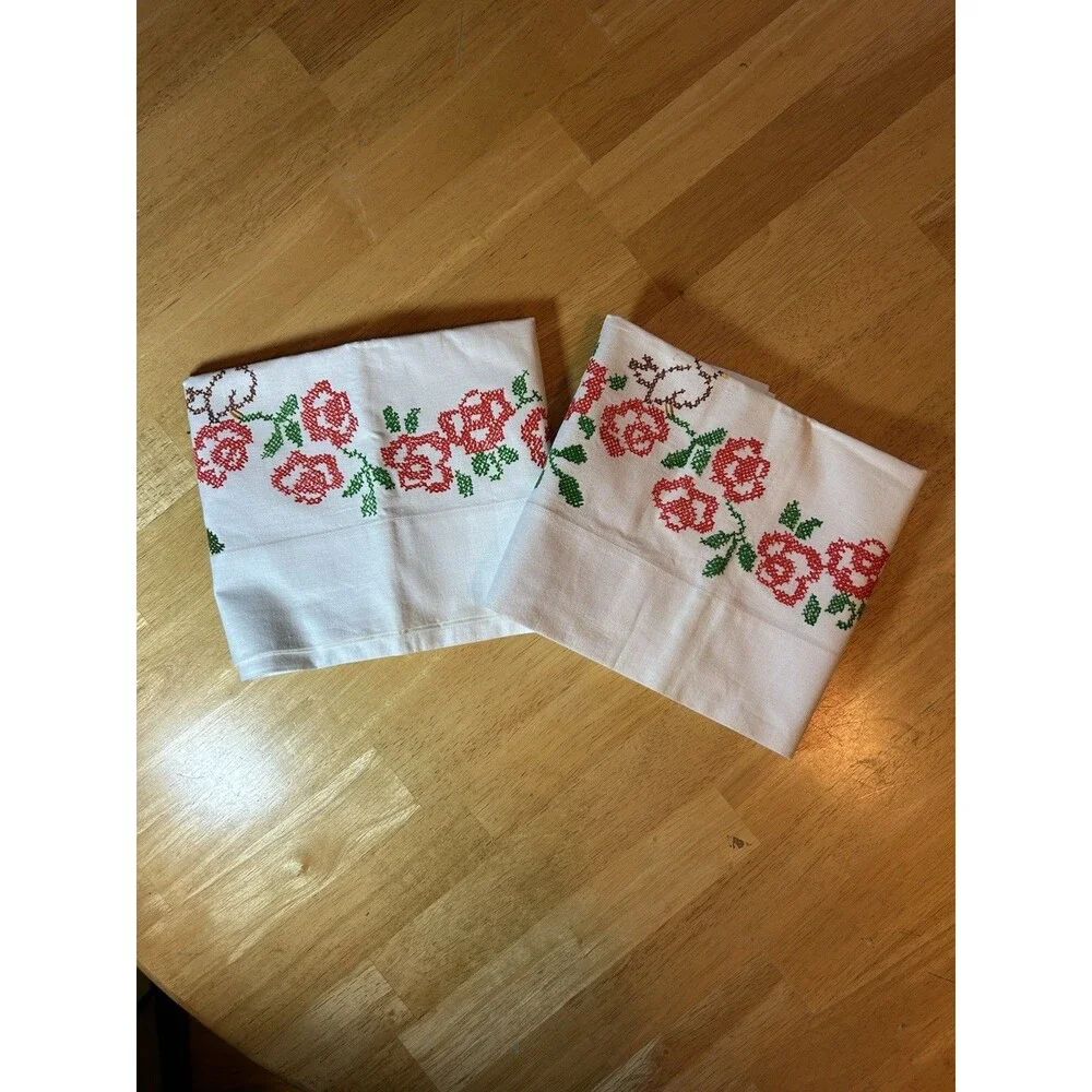 Vintage Cannon Muslin Pillowcases Pair Rose Bird Applique USA Cotton Set 2